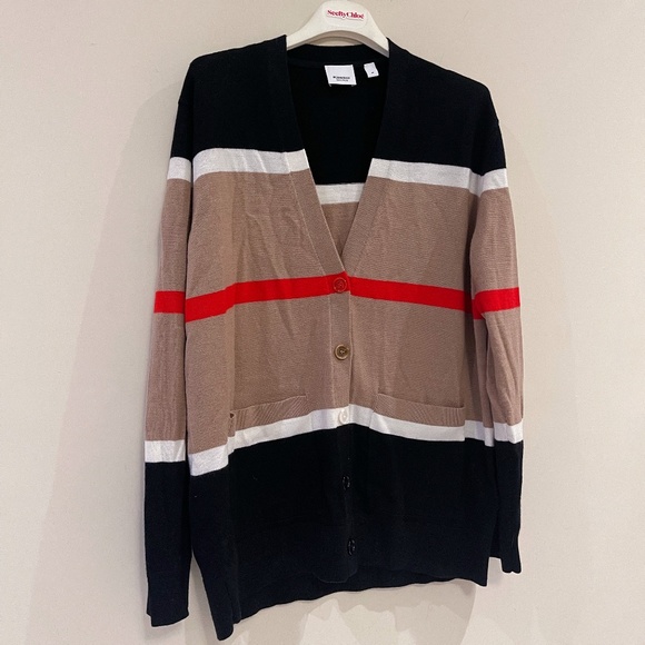 BURBERRY Tan Cashmere & Silk Striped Philippa Cardigan SzM - Picture 9 of 12